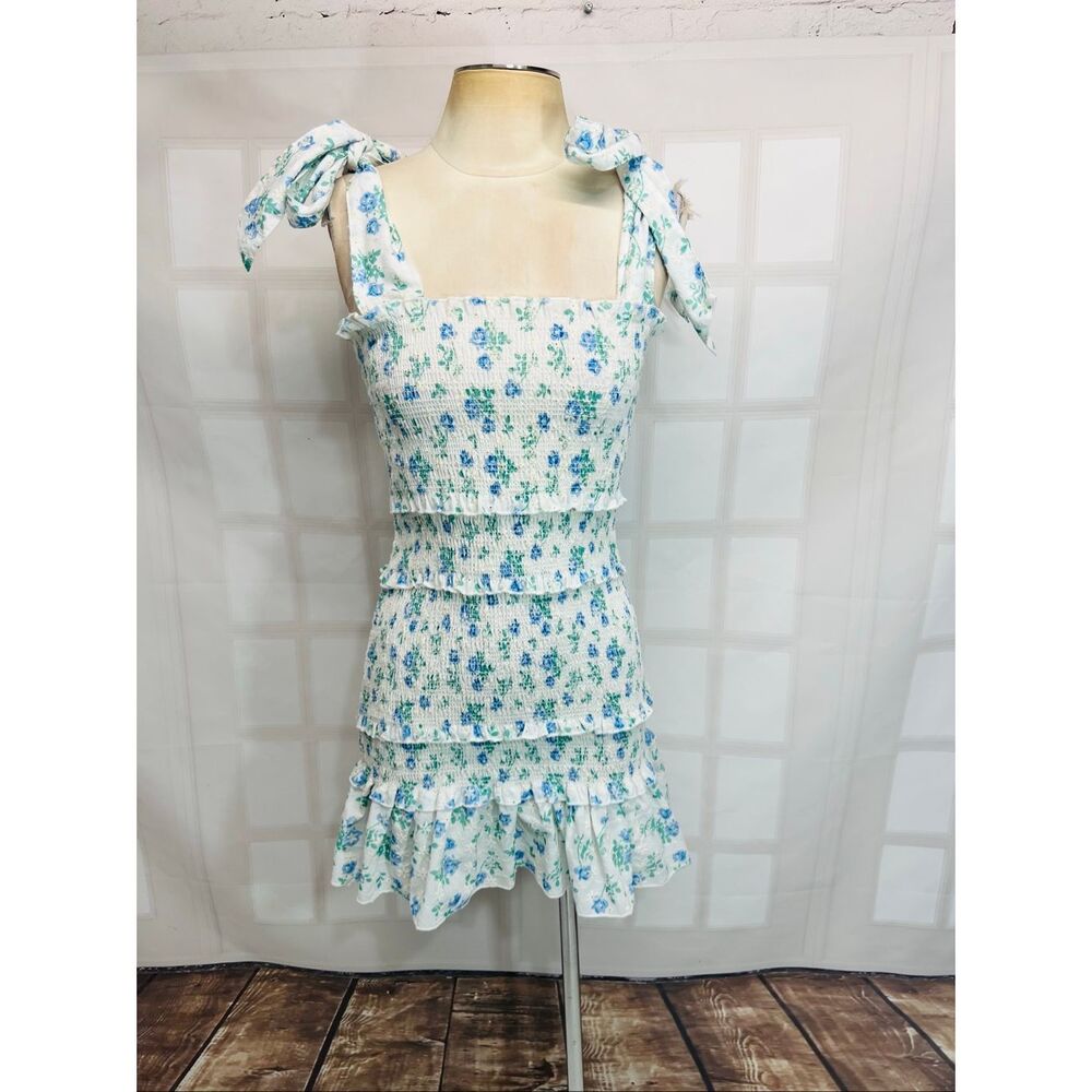 We’re All Pretty girls White Blue Wildflower Tiered Eyelet Smocked Mini Dress Sm